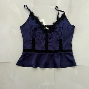Heartloom Navy Satin Top with Black Lace